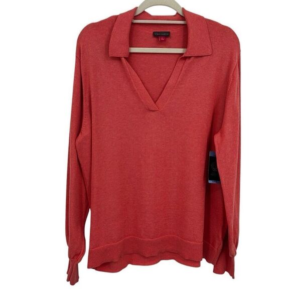 Vince Camuto V-neck Collared Sweater Ocean Coral Size Large NWT - Picture 1 of 10